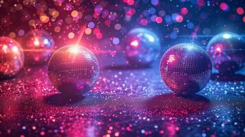 ai gerado retro discoteca febre. cintilante discoteca bolas e colorida estroboscópico luzes criando uma discoteca febre atmosfera. foto