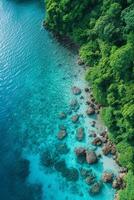 ai gerado tropical paraíso aéreo visualizar. uma mistura do turquesa águas e exuberante vegetação transportes você para uma tropical ilha visto a partir de acima foto