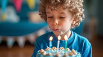 ai gerado uma aniversário Garoto sopro Fora velas, fazer uma especial desejo foto