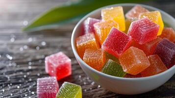 ai gerado uma colorida tigela do ao cubo geléia cubos, cada estourando com frutado sabores e cintilante dentro a luz foto