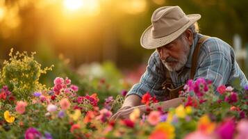 ai gerado uma dedicada jardineiro meticulosamente cuidando para uma cama do vibrante flores debaixo a manhã Sol foto