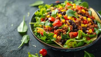 ai gerado uma de inspiração mexicana taco salada carregado com temperado terra carne bovina, Preto feijões foto