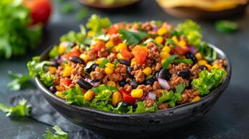 ai gerado uma de inspiração mexicana taco salada carregado com temperado terra carne bovina, Preto feijões foto