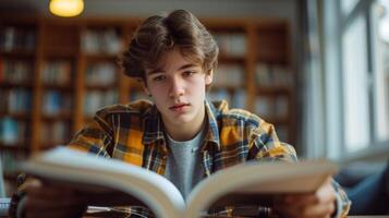 ai gerado uma adolescente sinceramente lançando através Páginas do uma história livro didático, absorvido dentro Aprendendo foto