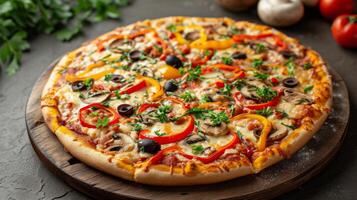 ai gerado uma vegetariano pizza com colorida Sino pimentas, cogumelos, azeitonas, e derretido queijo foto