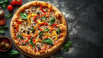 ai gerado uma vegetariano pizza com colorida Sino pimentas, cogumelos, azeitonas, e derretido queijo foto