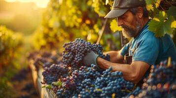 ai gerado uma Vinhedo trabalhador colheita uvas em uma ensolarado dia, exibindo a beleza do vinificação foto