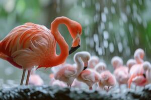 ai gerado uma par do adulto flamingos tende para seus felpudo, recém-nascido pintinhos, uma comovente família cena foto