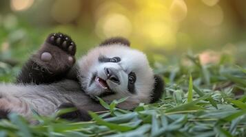 ai gerado uma panda filhote tombos e rolos dentro a brincalhão inocência do juventude foto