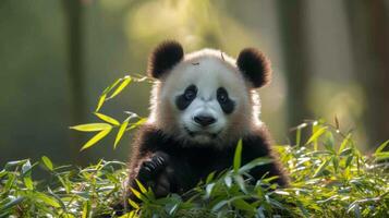 ai gerado uma fofo gigante panda salões em exuberante bambu fotos, Está pele contrastante duramente com a vegetação foto