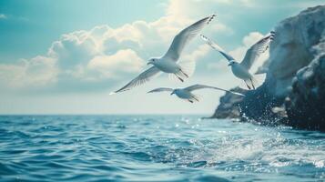 ai gerado gaivotas deslizar acima, testemunhando a eterno dança do terra e mar foto