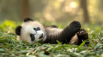 ai gerado uma panda filhote tombos e rolos dentro a brincalhão inocência do juventude foto