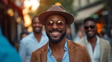 ai gerado suave homens andar cidade ruas, olhando para dentro a Câmera com radiante sorrisos foto