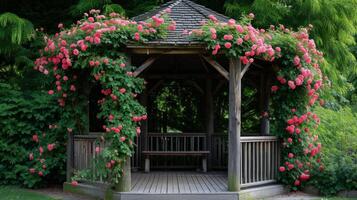 ai gerado uma encantador gazebo adornado com em cascata hera e delicado rosas foto