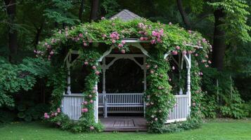 ai gerado uma encantador gazebo adornado com em cascata hera e delicado rosas foto