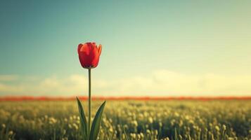 ai gerado uma solitário tulipa em pé alta dentro uma campo do silenciado matizes. ampla copyspace área foto