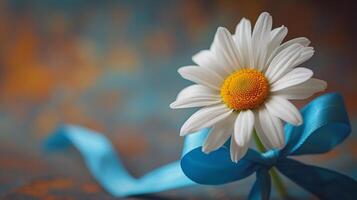 ai gerado uma solteiro margarida com uma azul fita, uma sutil aceno com a cabeça para trabalho dias cores foto