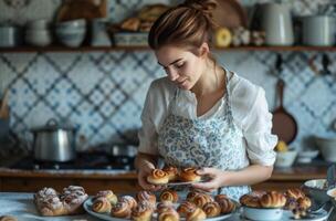 ai gerado uma mulher detém canela pães enquanto preparando eles dentro uma cozinha foto