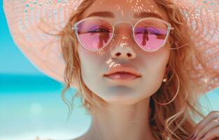 ai gerado uma mulher com uma chapéu e Sol óculos é relaxante em de praia foto