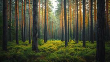 ai gerado no meio uma floresta do imponente árvores, isto carrinhos alto, uma silencioso observador do da natureza maravilhas foto