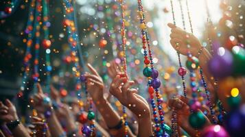 ai gerado enérgico cenas do participantes jogando cordas do colorida miçangas para torcendo espectadores durante mardi gras festividades foto