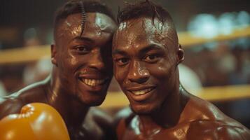 ai gerado boxeadores posando com radiante sorrisos, exalando orgulho e realização foto