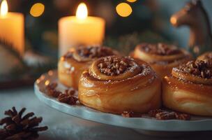 ai gerado Natal canela rolos com Natal feriado árvore foto