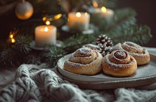 ai gerado Natal canela rolos com Natal feriado árvore foto