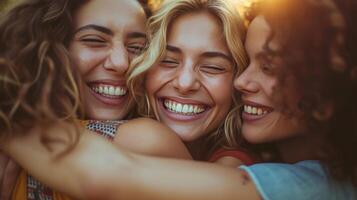 ai gerado comovente imagens do amigos abraçando cada de outros dentro uma justa grupo abraço foto