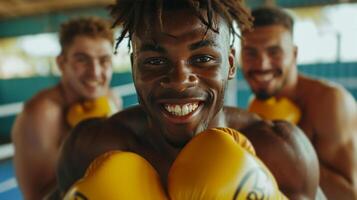 ai gerado boxeadores irradiando alegria e positividade, seus sorrisos refletindo seus amor para a esporte e sucesso. foto