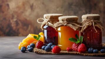 ai gerado minimalista cenários adornado com frascos do vibrante fruta geléias foto