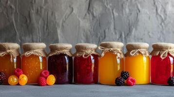 ai gerado minimalista cenários adornado com frascos do vibrante fruta geléias foto