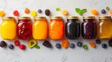 ai gerado minimalista cenários adornado com frascos do vibrante fruta geléias foto