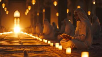 ai gerado tranquilo tiros do indivíduos absorta dentro lendo e recitando a Alcorão durante Ramadã noites foto