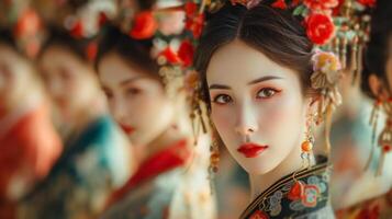 ai gerado lindo retratos exibindo pessoas vestido dentro tradicional chinês vestuário foto