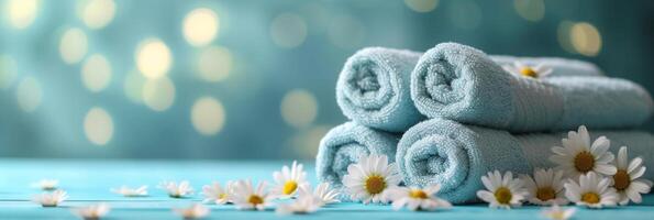 ai gerado arranjo do banho toalhas e adorável flores foto
