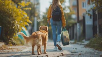 ai gerado limpar \ limpo e simples retrato do uma menina responsavelmente gerenciando cachorro desperdício dentro público espaços. foto