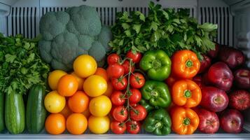 ai gerado minimalista foto apresentando ordenadamente arranjado frutas e legumes dentro uma geladeira