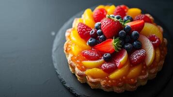 ai gerado minimalista foto exibindo uma solteiro pastelaria adornado com vibrante, fresco frutas