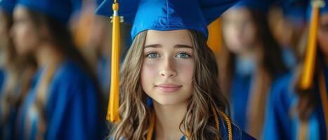 ai gerado graduação aluna a partir de ohio Alto escola vestindo uma graduação vestido foto