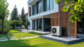 ai gerado calor bomba localizado perto uma contemporâneo residência foto