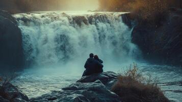 ai gerado simples ainda pungente imagem apresentando uma cascata cena abraçado de uma amoroso casal foto