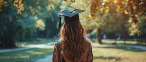 ai gerado mulher desgasta graduação boné dentro parque foto