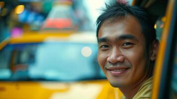 ai gerado minimalista imagem capturando a sereno sorrir do uma jovem Táxi motorista contra a abstrato pano de fundo foto