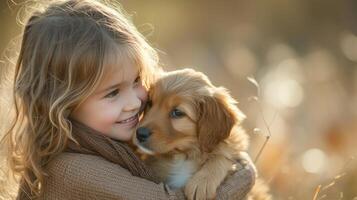 ai gerado uma criança e uma filhote de cachorro, partilha uma momento do incondicional amor e companhia foto