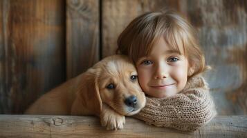 ai gerado uma criança e uma filhote de cachorro, partilha uma momento do incondicional amor e companhia foto