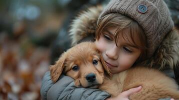 ai gerado uma criança e uma filhote de cachorro, partilha uma momento do incondicional amor e companhia foto