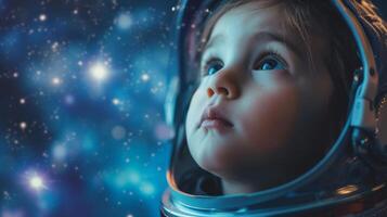 ai gerado uma pequeno 1 vestido Como a astronauta, sonhando grande sonhos do espaço e além foto