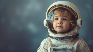 ai gerado uma pequeno 1 vestido Como a astronauta, sonhando grande sonhos do espaço e além foto