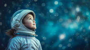 ai gerado uma pequeno 1 vestido Como a astronauta, sonhando grande sonhos do espaço e além foto